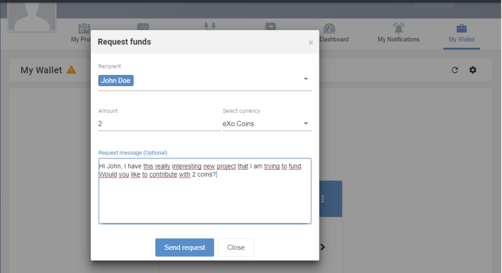Sending request of eXo coins